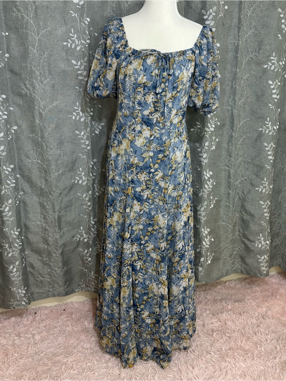 Baltic Born Blue and Cream Floral Maxi Dress with Puff Sleeves